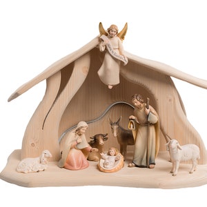 Modern Art Nativity scene carved in Valgardena wood, decorated by hand, 8 pieces with hut and light Italian artisan production