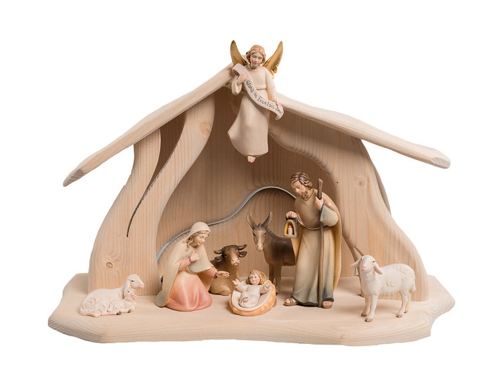 Modern Art Nativity scene carved in Valgardena wood, decorated by hand, 8 pieces with hut and light Italian artisan production