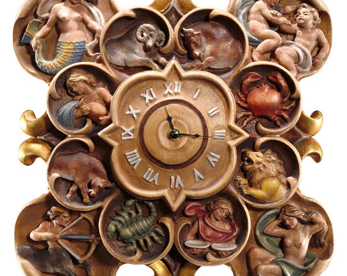 Clock sculpture working with Zodiac carved in wood of Valgardena and decorated by hand of Italian artisan production