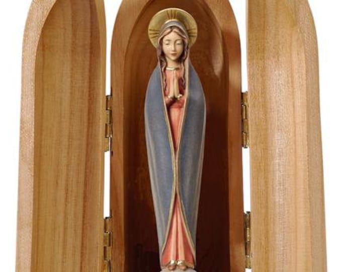 Stylized statue of Our Lady of Fatima with niche, carved in hand-decorated Valgardena wood of Italian production