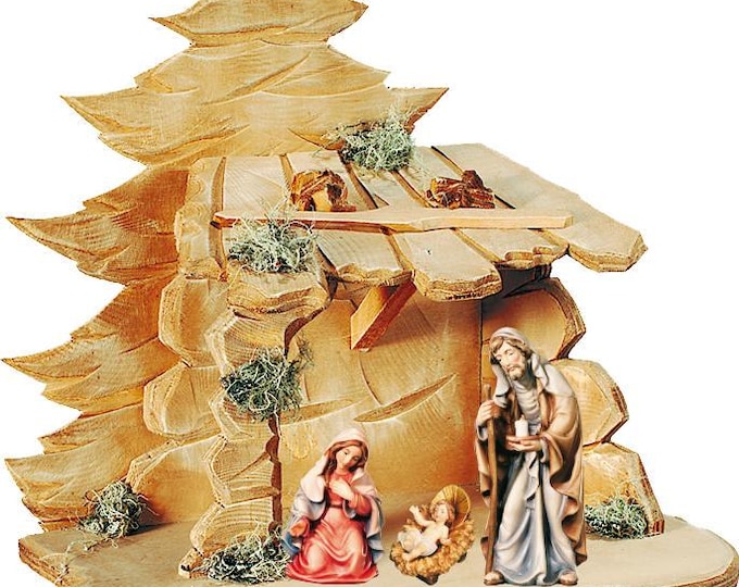 Nativity scene, Holy Family with hut, carved in Valgardena wood, various sizes available, Italian artisan production