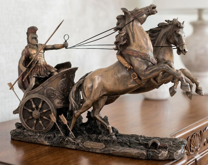 Classical sculpture of Achilles on a chariot, 25 x 36 cm (9.84 x 14.17 inches) in bronzed resin marble, handcrafted
