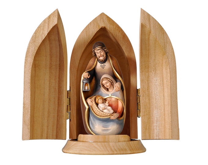 Sculpture nativity scene Holy Family with niche, carved in wood of valgardena decorated by hand of Italian production