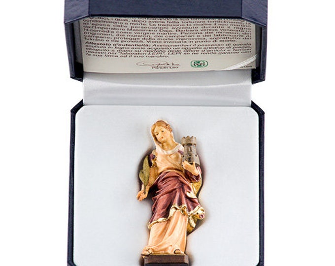 Statue of Saint Barbara with deluxe case carved in Valgardena wood and hand decorated, Italian artisan production
