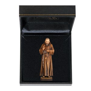 Statue of San Padre Pio with deluxe case carved in Valgardena wood and hand-decorated with Italian handicraft production