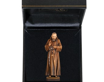 Statue of San Padre Pio with deluxe case carved in Valgardena wood and hand-decorated with Italian handicraft production