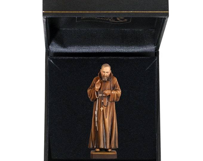 Statue of San Padre Pio with deluxe case carved in Valgardena wood and hand-decorated with Italian handicraft production