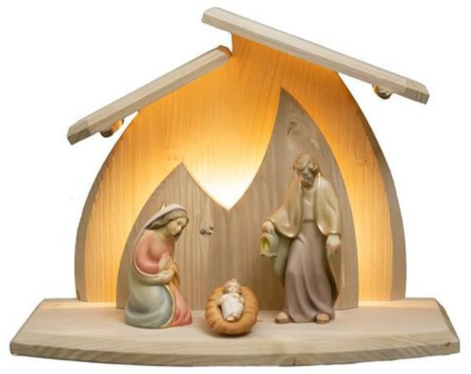 Rudolf nativity scene, carved in Valgardena wood decorated by hand, 3 pieces with hut, various sizes, Italian artisan production