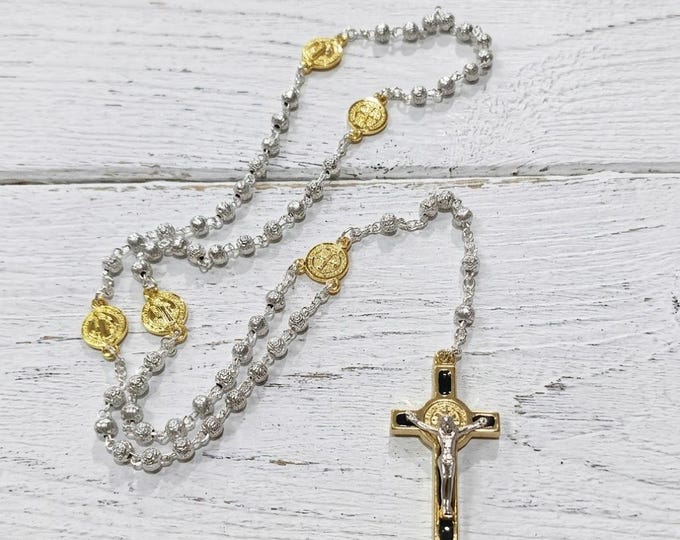 Rosary of Saint Benedict of Norcia, 36.5 cm, in metal with enameled cross, handcrafted in Italy.