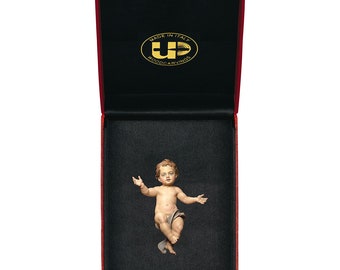 Baby Jesus statue with deluxe case carved in Valgardena wood and hand decorated, Italian artisan production