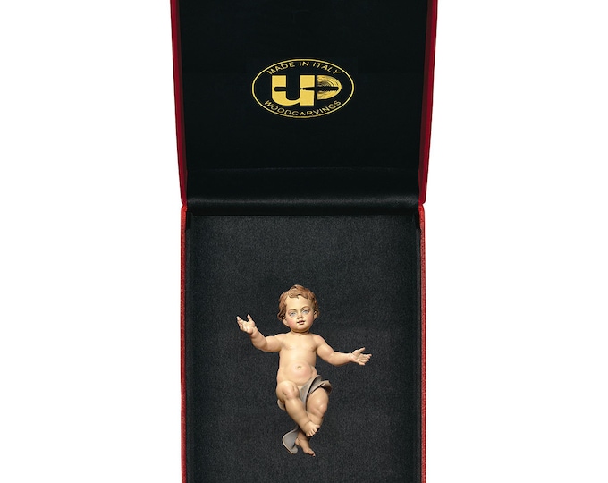 Baby Jesus statue with deluxe case carved in Valgardena wood and hand decorated, Italian artisan production