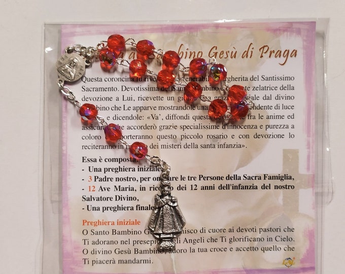 Rosary of the Infant Jesus of Prague cm 16 (6.29 inches), half crystal beads with prayer and explanations, Italian artisan production