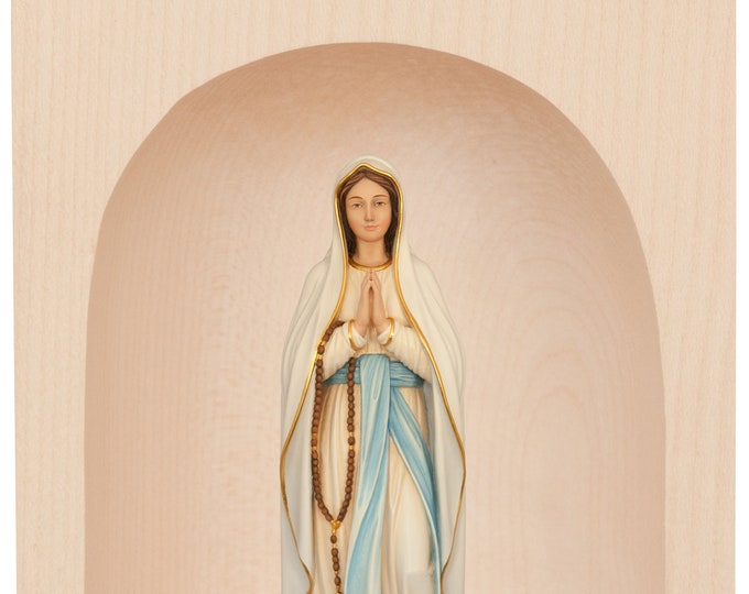 Candle holder with sculpture of the Madonna of Lourdes, carved in hand-decorated Valgardena wood of Italian production