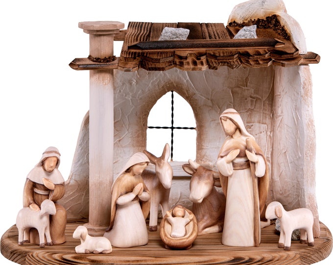 Complete nativity scene "FIDES" 10 pieces with hut, carved in hand-decorated Valgardena wood, various sizes, handicraft production