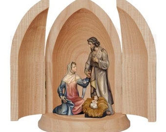 Holy Family Nativity scene in niche, carved in Valgardena wood, hand decorated, of Italian artisan production
