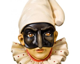 Pulcinella sculpture, a hand-decorated carnival mask carved from Valgardena wood, crafted in Italy.
