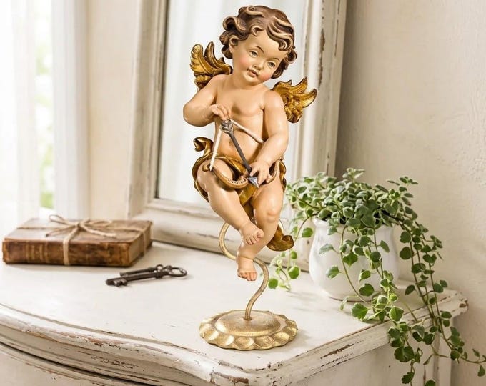 Angel sculpture, Cupid putto on pedestal, carved in Valgardena wood decorated by hand, handcrafted in Italy