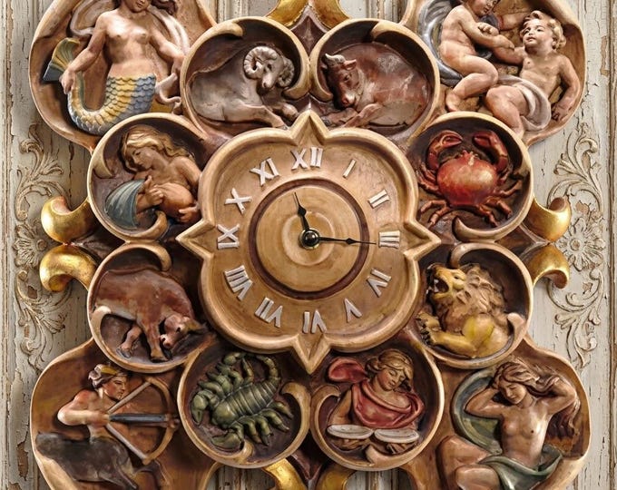 Working clock sculpture with Zodiac carved from Valgardena wood and hand-decorated, Italian artisan production