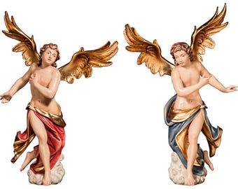 Pair of Neapolitan-style free-standing angel sculptures, carved from Valgardena wood and decorated by hand, made in Italy, various sizes.