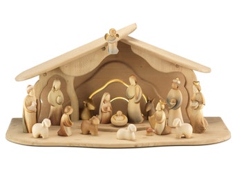 Modern Art nativity scene carved in Valgardena wood, hand-decorated, 17 pieces with hut, various sizes, Italian handicraft production