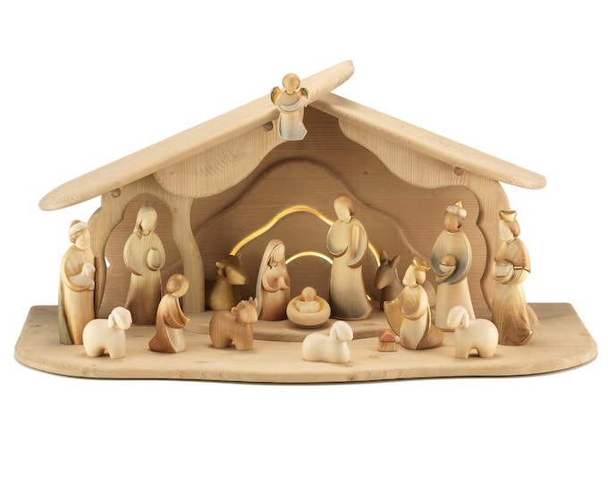 Modern Art nativity scene carved in Valgardena wood, hand-decorated, 17 pieces with hut, various sizes, Italian handicraft production