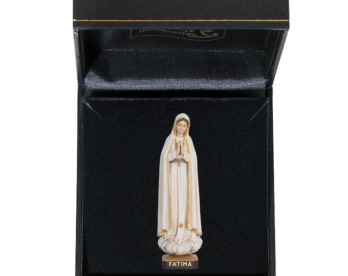 Statue of Our Lady of Fatima with deluxe case carved in Valgardena wood and hand-decorated with Italian craftsmanship