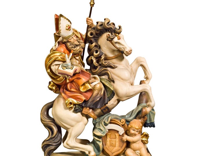 Statue of Saint Blaise on horseback carved in Valgardena wood, hand-decorated, Italian artisan production, various decorations and sizes.