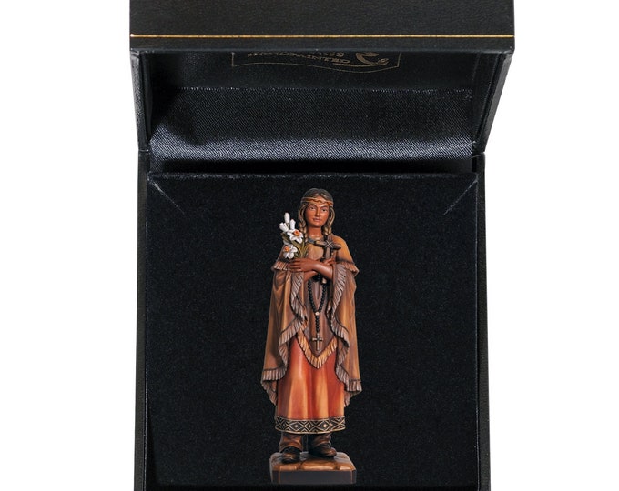 Statue of St. Catherine Tekakwitha with deluxe case carved in Valgardena wood decorated by hand of Italian handicraft production