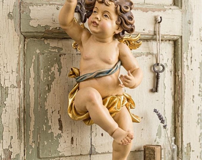 Angel sculpture, cherub carved in Valgardena wood and hand-decorated, various sizes available, handcrafted in Italy
