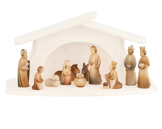 Complete nativity scene 11 pieces (without stable) carved in Valgardena wood, hand-decorated, various sizes, Italian artisan production