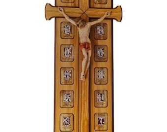 Crucifix with stations of the Via Crucis in national olive wood wall or support, of Italian artisan production