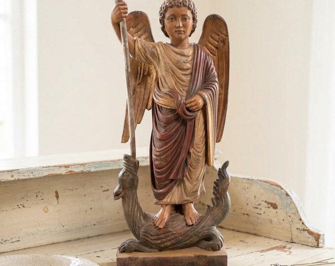 Romanesque statue of Saint Michael the Archangel, carved from Valgardena wood and hand-decorated, handcrafted in Italy.