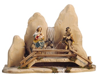 Sculpture statue Flight into Egypt carved in wood from Valgardena and decorated by hand of Italian handicraft production