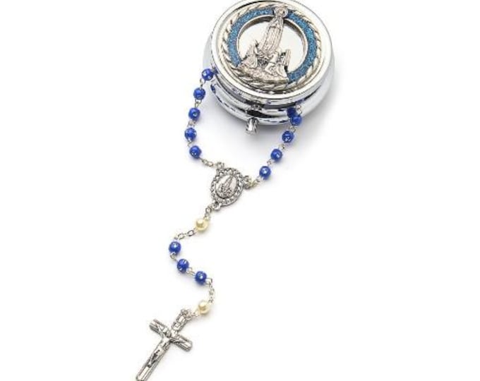 Rosary of Our Lady of Fatima, in crystal, 5 mm diameter grain, metal case diameter 4.6 cm, handcrafted in Italy