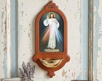 Holy water stoup in walnut-stained birch wood, 38 cm (14.96 inches), various subjects available, made in Italy