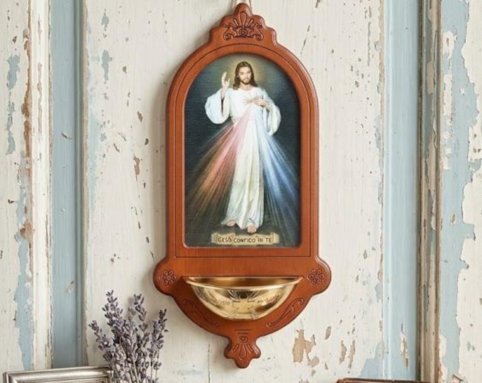 Holy water stoup in walnut-stained birch wood, 38 cm (14.96 inches), various subjects available, made in Italy