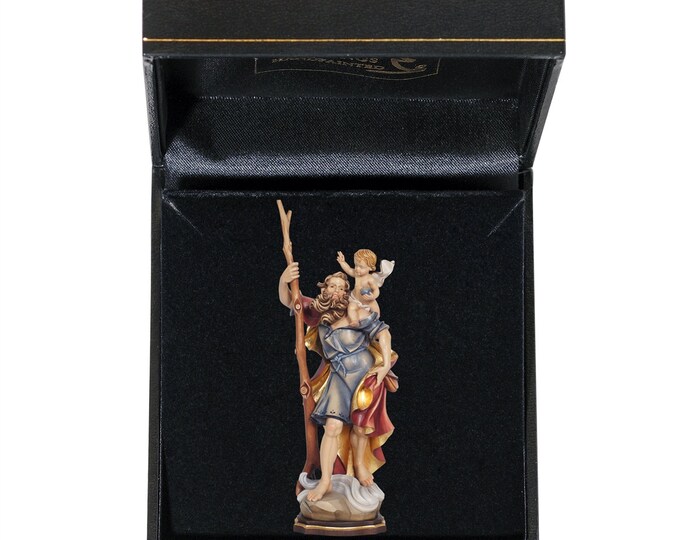 Statue of St. Christopher with deluxe case carved in valgardena wood decorated by hand of Italian artisan production
