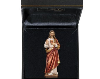 Statue of the Sacred Heart of Jesus with deluxe case carved in Valgardena wood and hand-decorated, Italian artisan production