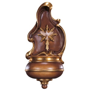 Holy water stoup with Holy Spirit, carved in Valgardena wood, hand-decorated with oil colours and gold leaf, Italian production