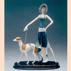 Liberty Style Sculpture Lady with Greyhound cm 47 x 36 (18.5 x 14.2 inch) in alabaster powder, wooden base, hand painted, made in Italy
