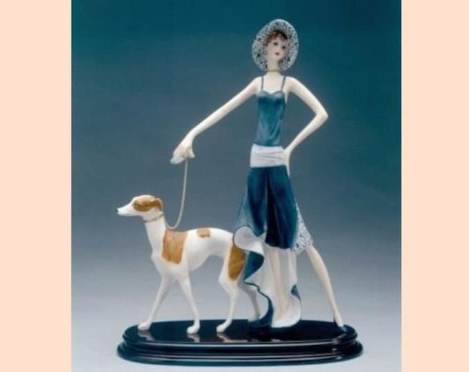 Liberty Style Sculpture Lady with Greyhound cm 47 x 36 (18.5 x 14.2 inch) in alabaster powder, wooden base, hand painted, made in Italy