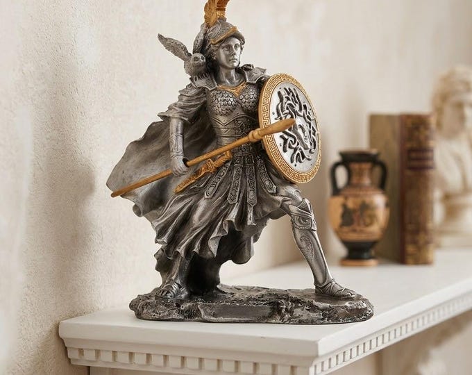 Classical sculpture Athena Goddess of Wisdom, 10.5 cm (4.13 inches) in solid pewter, hand-decorated, artisanal, made in Italy