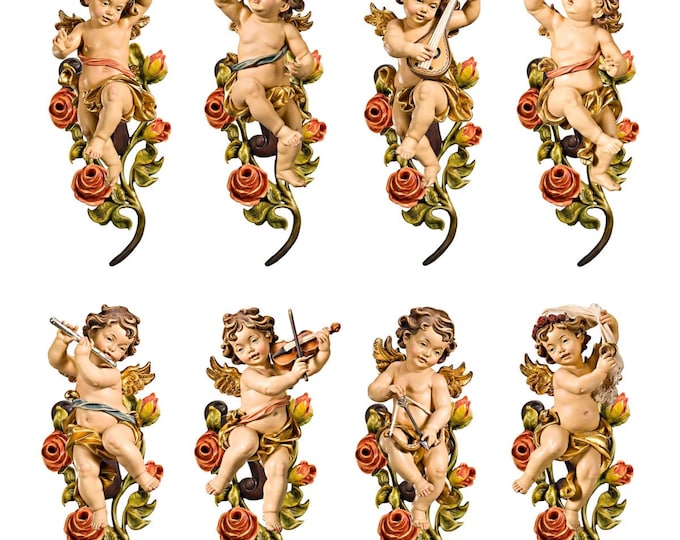 Set of 8 Angels, cherubs with roses carved in Valgardena wood, various sizes and decorations available, Italian artisan production