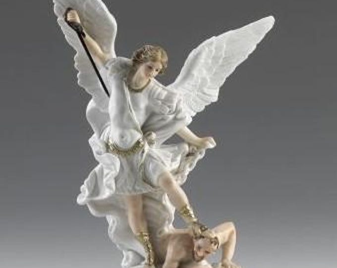 Statue of Saint Michael the Archangel cm 31 (12.20 inches) in alabaster powder, wooden base, hand decorated, made in Italy