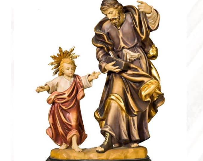 Statue of Saint Joseph with baby Jesus carved in Valgardena wood and hand decorated, Italian artisan production
