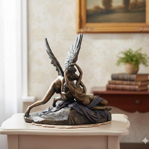 May include: Bronze sculpture depicting a classical scene of two figures embracing, one with large wings. The figures are posed on a textured base with draped fabric. The sculpture is displayed on a cream-colored table.
