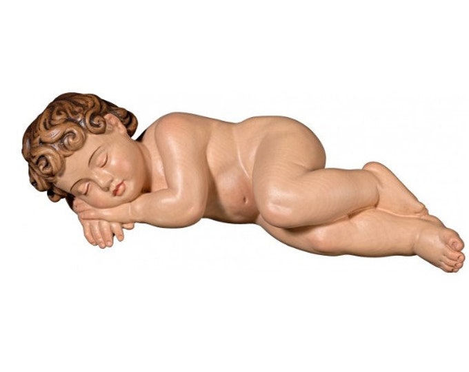 Sculpture statue of sleeping baby Jesus, carved in Valgardena wood and hand-decorated, of Italian artisan production
