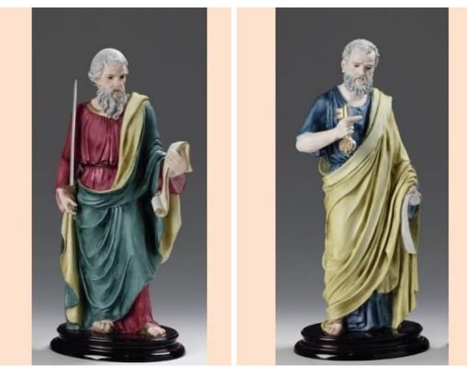 Pair of Statues of Saint Peter and Saint Paul, cm 29 and cm 28 (11.41 and 11.02 inches) in alabaster powder, wooden base, made in Italy