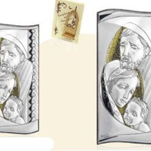 Wooden picture with silver plaque of the Holy Family with gold inserts, various sizes available, of Italian artisan production
