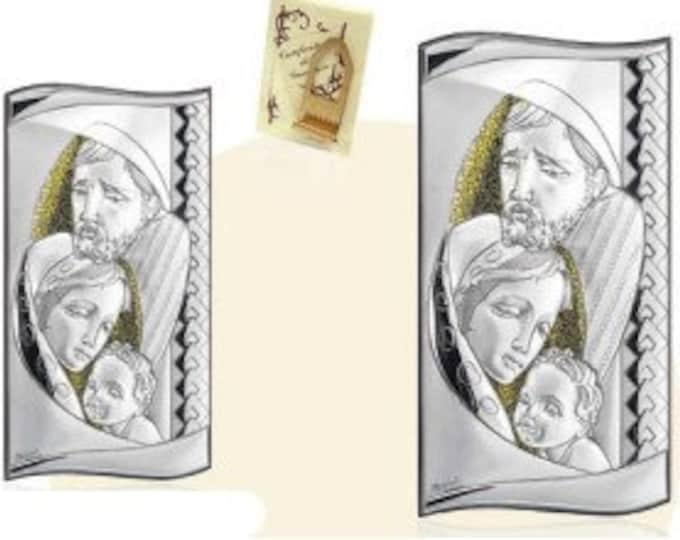 Wooden picture with silver plaque of the Holy Family with gold inserts, various sizes available, of Italian artisan production